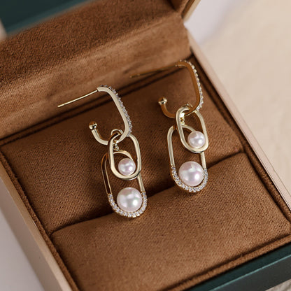 Double Ring Drop Earrings For Women In Gold Featuring Copper Ear Pins And Zircon Inlay