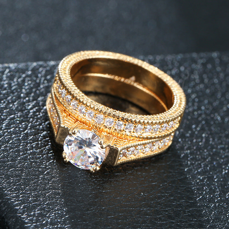 Geometric Open Rings In Copper With Electroplated Gold Plating Featuring Artificial Diamond Inlay, Simple Style Couple Rings