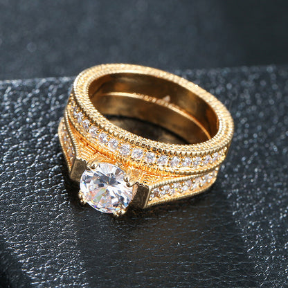 Geometric Open Rings In Copper With Electroplated Gold Plating Featuring Artificial Diamond Inlay, Simple Style Couple Rings