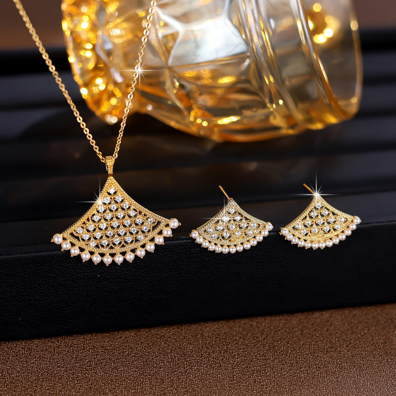 Sector Jewelry Set For Women In Platinum Plated Copper With Zircon Inlay, 2 Pieces Set