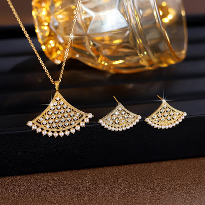 Sector Jewelry Set For Women In Platinum Plated Copper With Zircon Inlay, 2 Pieces Set