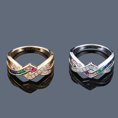 Crossover Ring For Women With Claw Setting, Electroplated Copper And Zircon Inlay