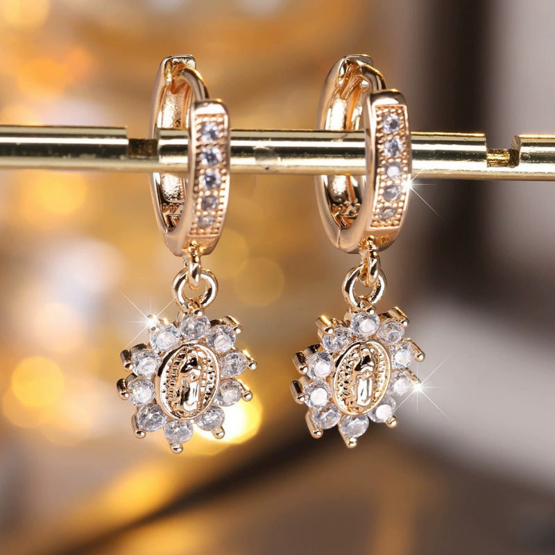 Round Champagne Stud Earrings For Women Featuring Copper Posts And Rhinestone Inlay