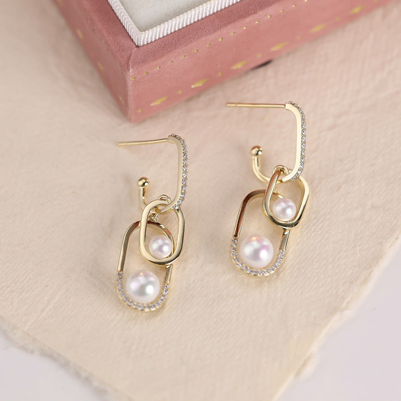 Double Ring Drop Earrings For Women In Gold Featuring Copper Ear Pins And Zircon Inlay
