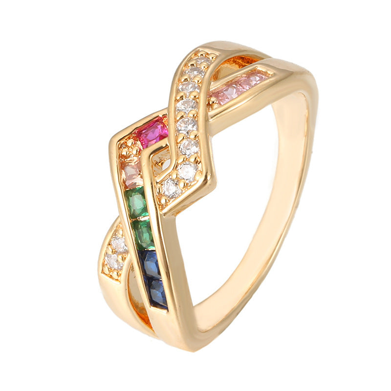 Crossover Ring For Women With Claw Setting, Electroplated Copper And Zircon Inlay