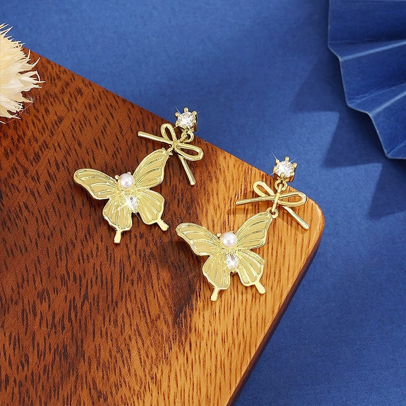 Elegant Butterfly Earrings For Women Featuring Elaborate Gold Design With Copper Ear Pins