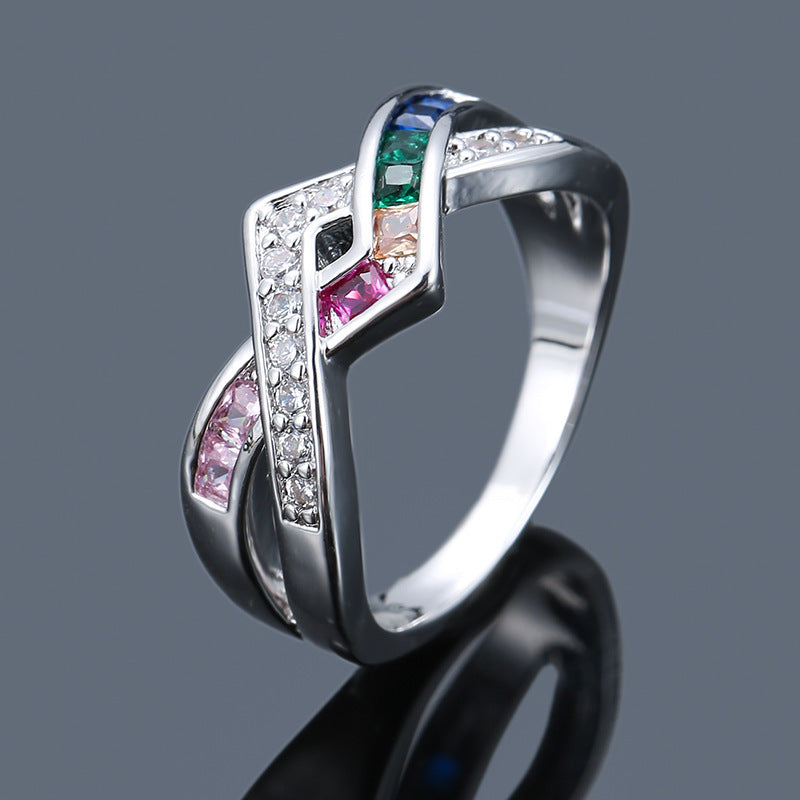 Crossover Ring For Women With Claw Setting, Electroplated Copper And Zircon Inlay