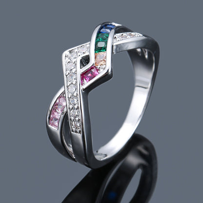 Crossover Ring For Women With Claw Setting, Electroplated Copper And Zircon Inlay