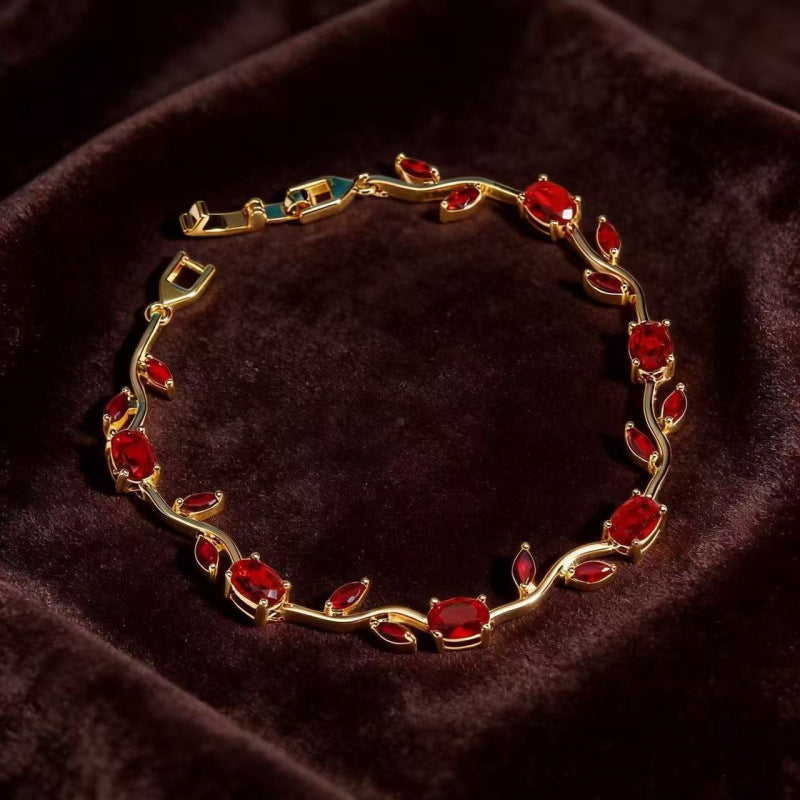 Simple Style Leaf Bracelet For Women In Electroplated Copper With Zircon Inlay