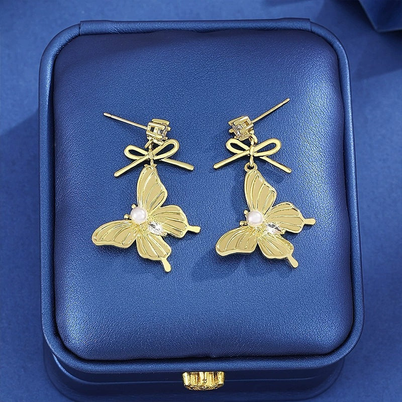 Elegant Butterfly Earrings For Women Featuring Elaborate Gold Design With Copper Ear Pins
