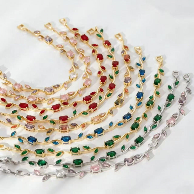 Simple Style Leaf Bracelet For Women In Electroplated Copper With Zircon Inlay
