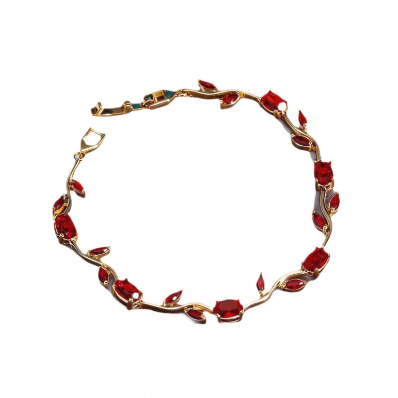 Simple Style Leaf Bracelet For Women In Electroplated Copper With Zircon Inlay