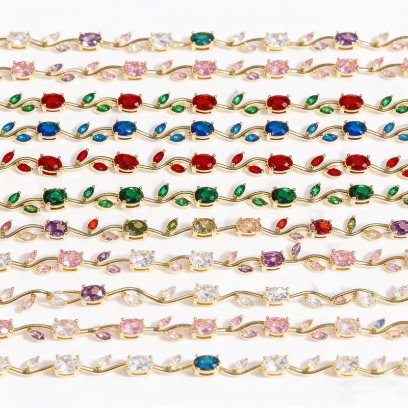Simple Style Leaf Bracelet For Women In Electroplated Copper With Zircon Inlay
