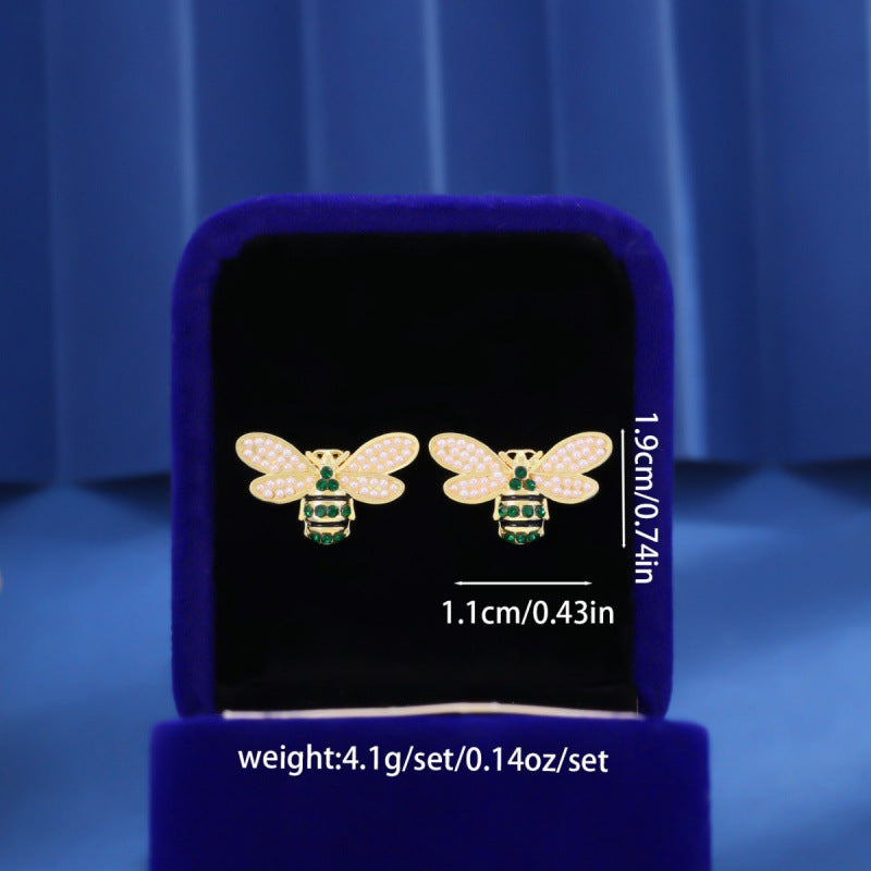 Bee Stud Earrings For Women Featuring Freshwater Pearl Inlay, Electroplated Finish With Copper Ear Pins