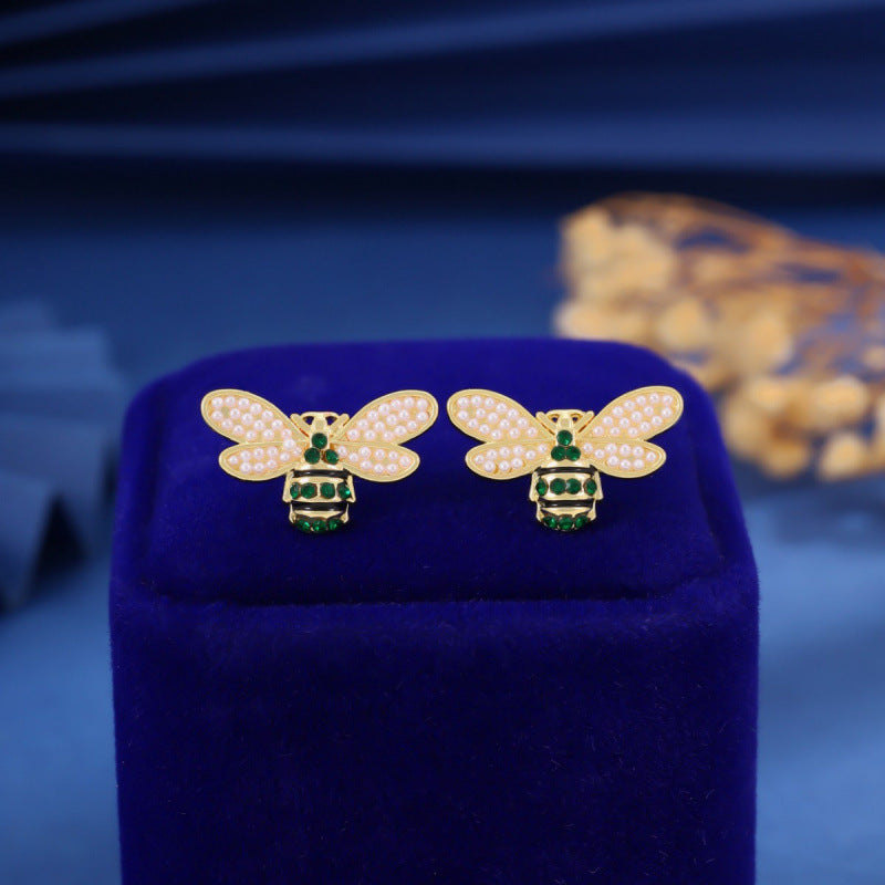 Bee Stud Earrings For Women Featuring Freshwater Pearl Inlay, Electroplated Finish With Copper Ear Pins