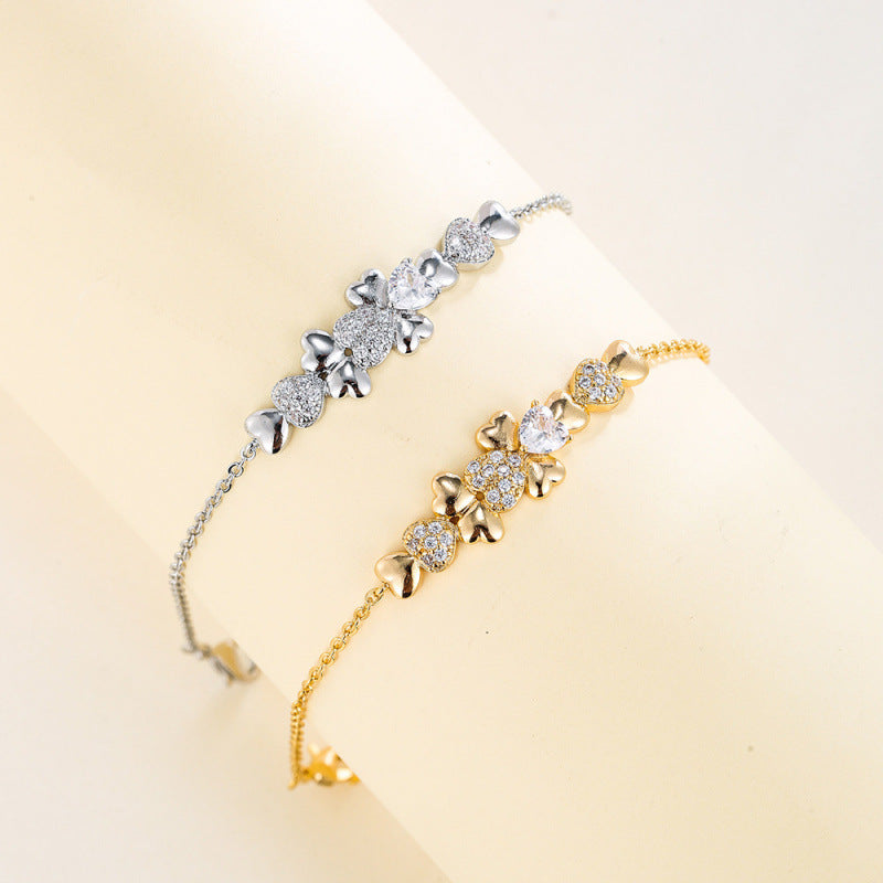 Double Heart Bracelet For Women In , Copper With Electroplated Gold Plating And February Birthstone Amethyst Inlay