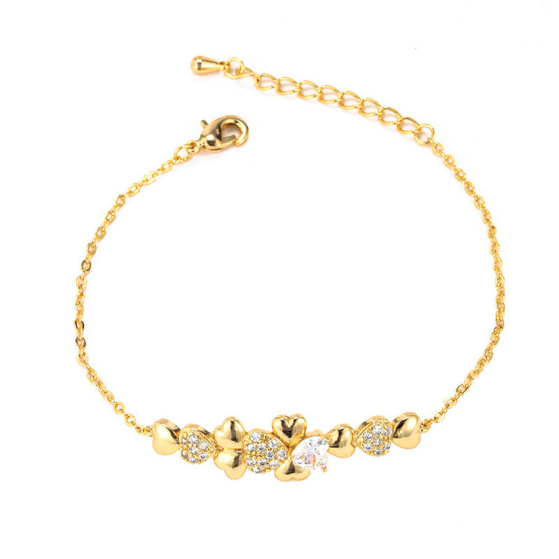 Double Heart Bracelet For Women In , Copper With Electroplated Gold Plating And February Birthstone Amethyst Inlay