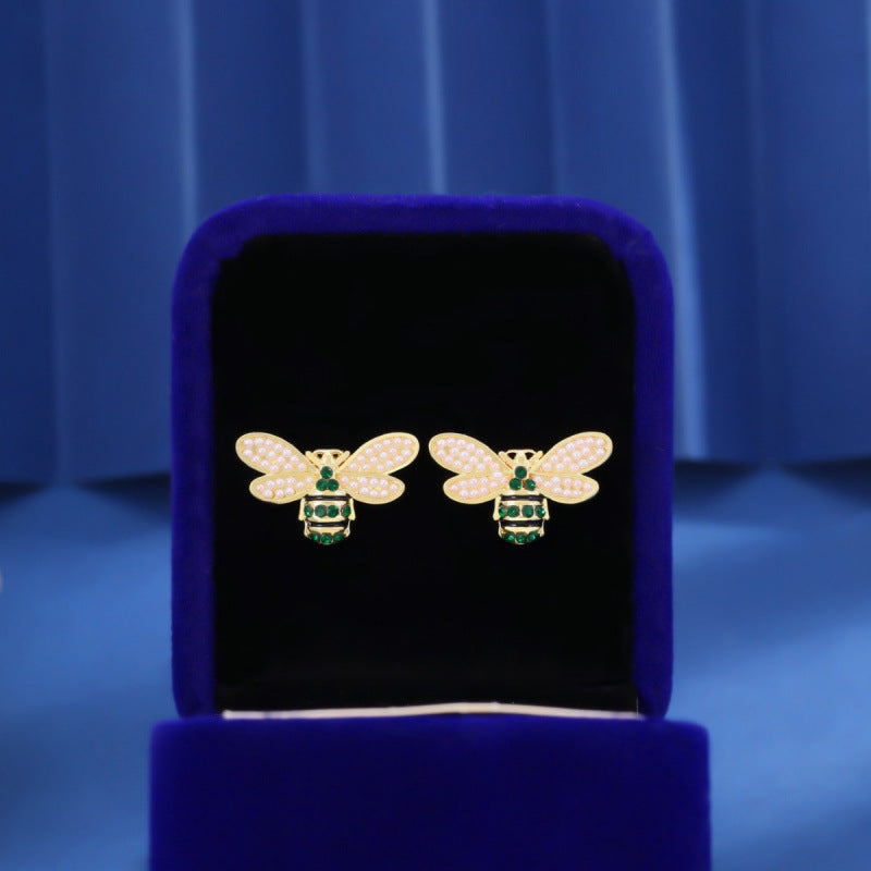 Bee Stud Earrings For Women Featuring Freshwater Pearl Inlay, Electroplated Finish With Copper Ear Pins