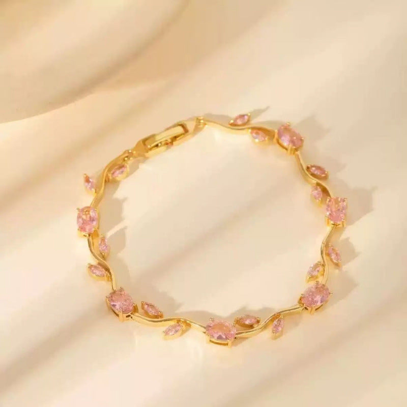 Simple Style Leaf Bracelet For Women In Electroplated Copper With Zircon Inlay