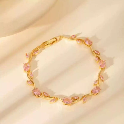 Simple Style Leaf Bracelet For Women In Electroplated Copper With Zircon Inlay