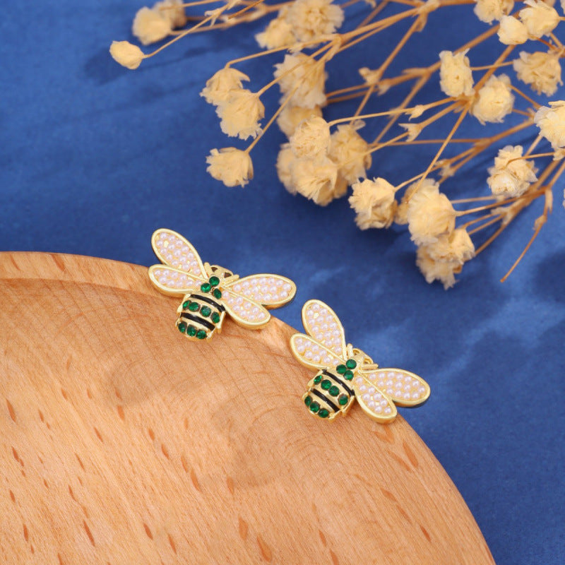 Bee Stud Earrings For Women Featuring Freshwater Pearl Inlay, Electroplated Finish With Copper Ear Pins