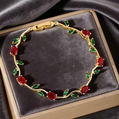 Simple Style Leaf Bracelet For Women In Electroplated Copper With Zircon Inlay