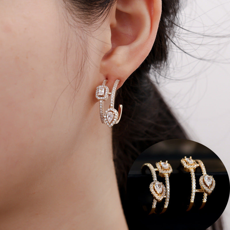 Water Droplets Earrings For Women In Gold Featuring Copper Ear Pins And Zircon Inlay