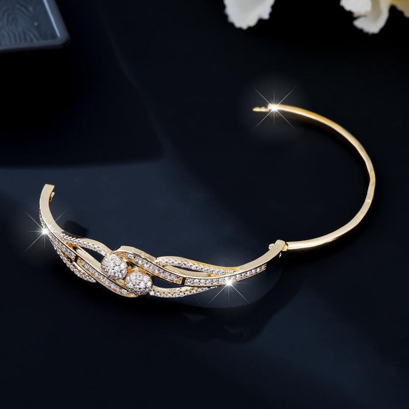 Geometric Copper Bangle With Zircon Inlay In Simple Style For Women