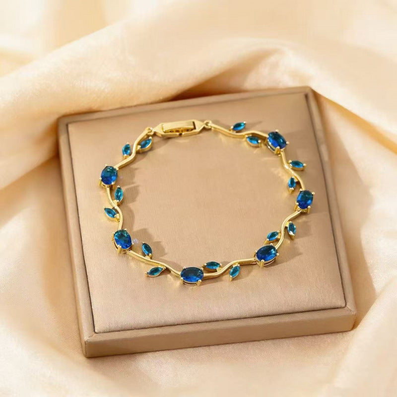 Simple Style Leaf Bracelet For Women In Electroplated Copper With Zircon Inlay
