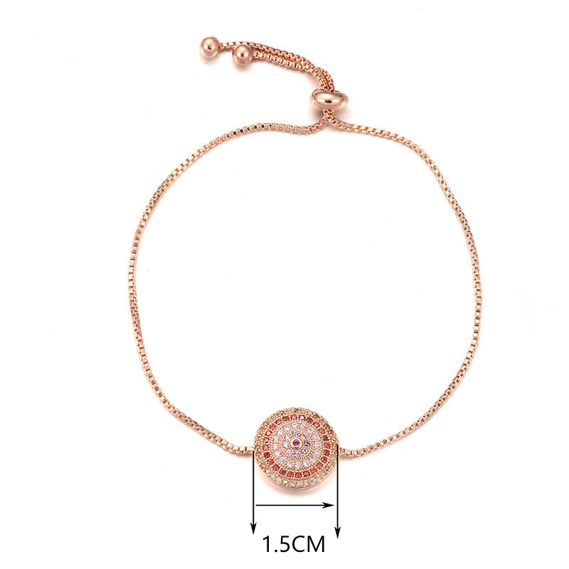 Round Copper Bracelet For Women With Electroplated Gold Plating, Zircon Inlay, And Adjustable Slider Chain