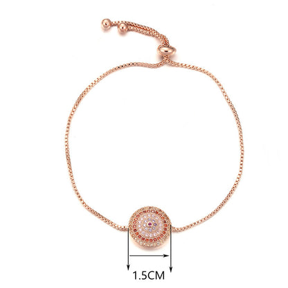Round Copper Bracelet For Women With Electroplated Gold Plating, Zircon Inlay, And Adjustable Slider Chain