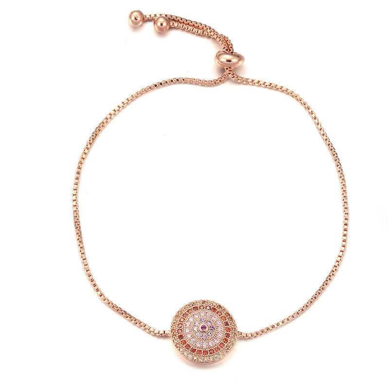 Round Copper Bracelet For Women With Electroplated Gold Plating, Zircon Inlay, And Adjustable Slider Chain