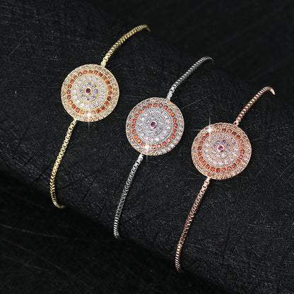 Round Copper Bracelet For Women With Electroplated Gold Plating, Zircon Inlay, And Adjustable Slider Chain