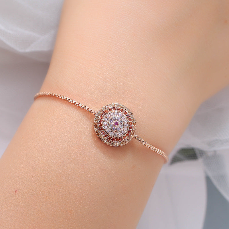 Round Copper Bracelet For Women With Electroplated Gold Plating, Zircon Inlay, And Adjustable Slider Chain
