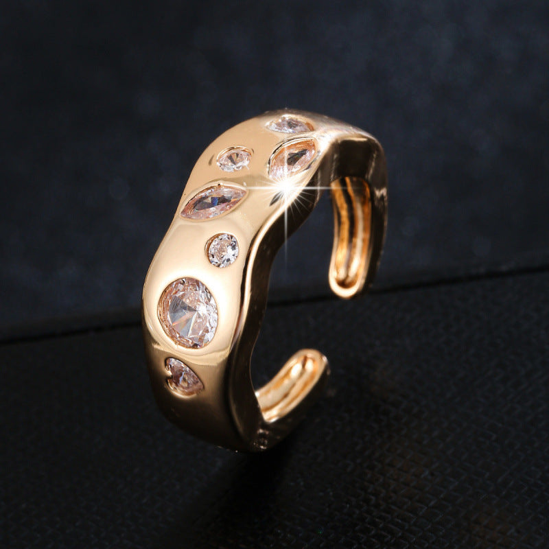 Waves Wave Ring For Women In Gold Copper With Zircon Inlay, Perfect For Spring