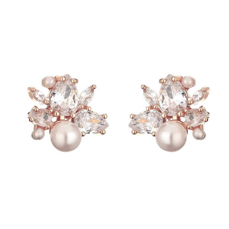 Petal Stud Earrings For Women In Rose Gold Featuring Copper Ear Pins And Zircon Inlay