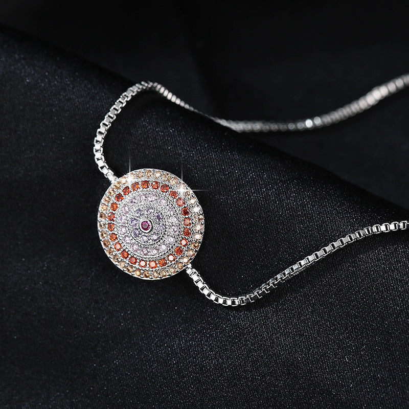 Round Copper Bracelet For Women With Electroplated Gold Plating, Zircon Inlay, And Adjustable Slider Chain