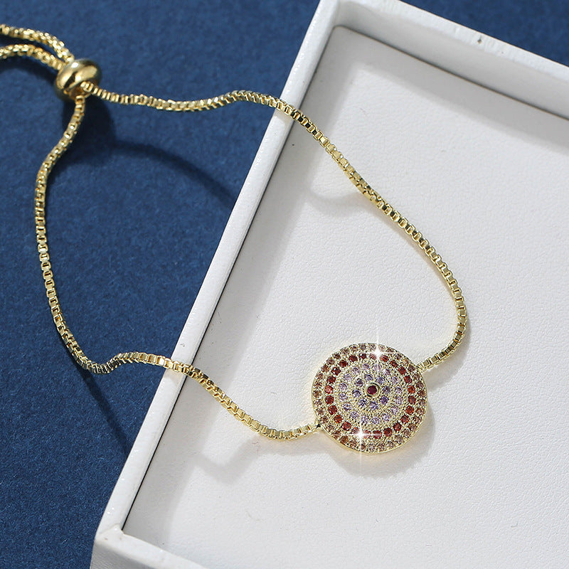 Round Copper Bracelet For Women With Electroplated Gold Plating, Zircon Inlay, And Adjustable Slider Chain