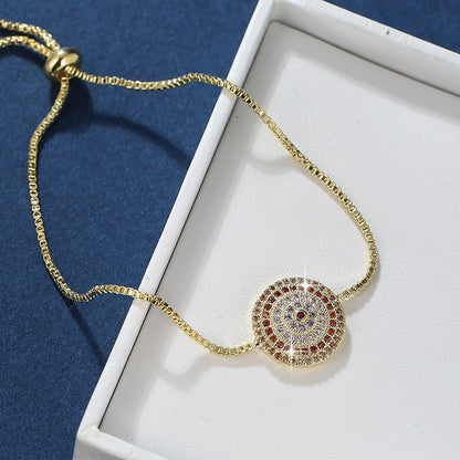 Round Copper Bracelet For Women With Electroplated Gold Plating, Zircon Inlay, And Adjustable Slider Chain