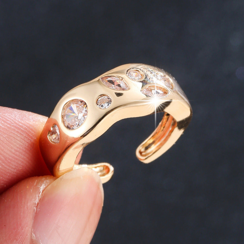 Waves Wave Ring For Women In Gold Copper With Zircon Inlay, Perfect For Spring