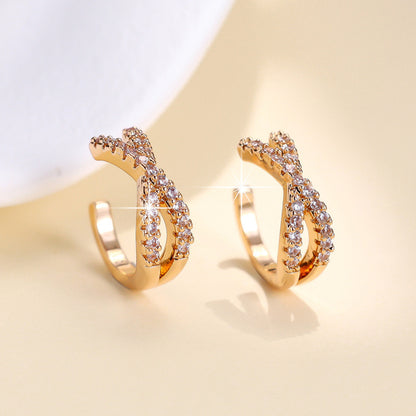 Geometric Clip Earrings For Women In Gold Featuring Copper Ear Pins With Zircon Inlay And Bezel Setting