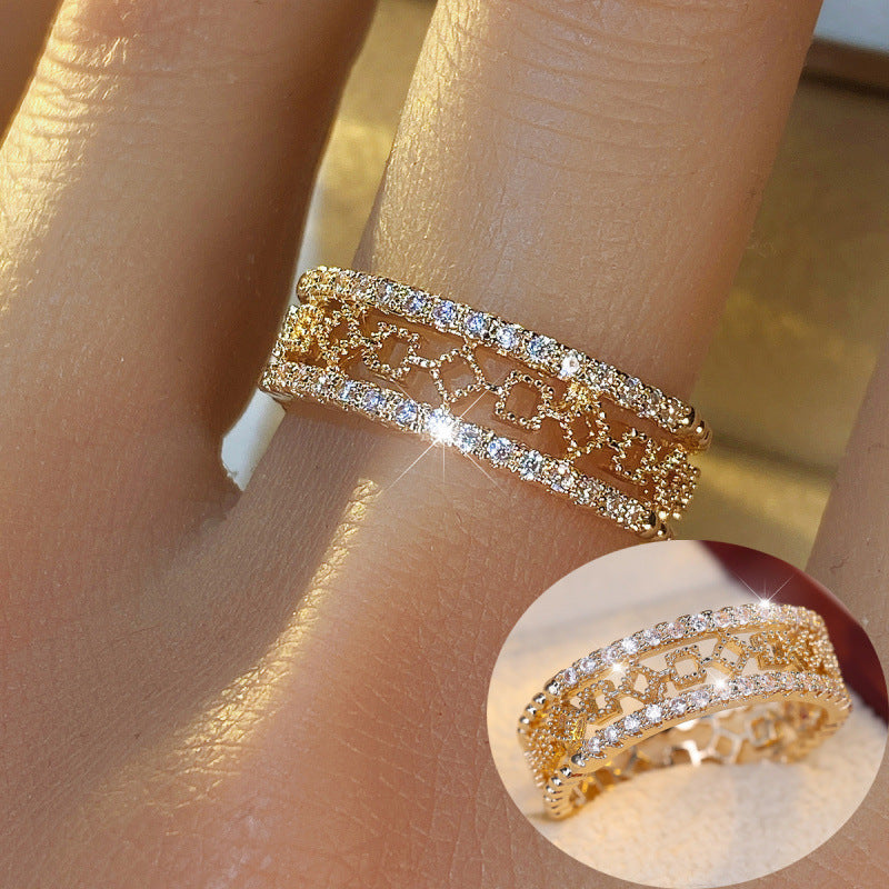 Simple Style Irregular Copper Ring For Women With Zircon Inlay In Gold