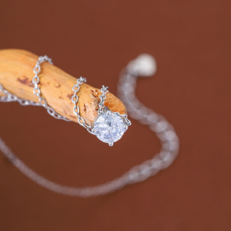 Electroplated Copper Pendant Necklace With White Crystal Inlay On Cable Chain For Women