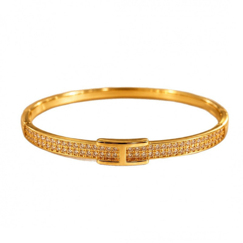 Simple Style Geometric Inlay Bangle In Electroplated Copper With Zircon Detailing