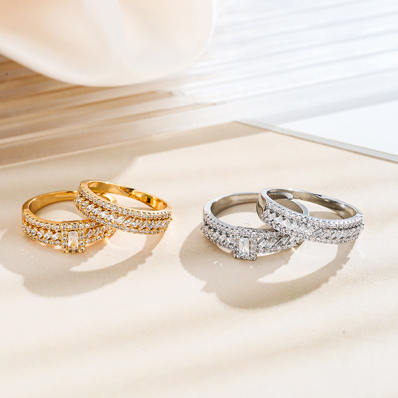 Geometric Rings For Women, Copper With Electroplated Gold Plating And Zircon Inlay