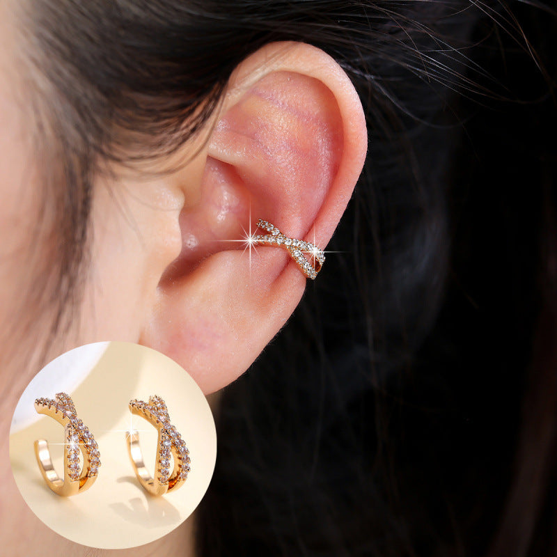 Geometric Clip Earrings For Women In Gold Featuring Copper Ear Pins With Zircon Inlay And Bezel Setting