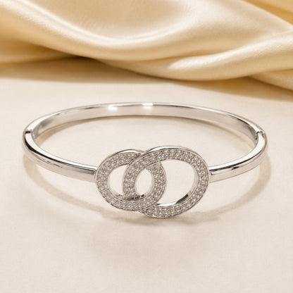 Double Ring Copper Bangle With Zircon Inlay, Electroplated Gold Plating, Elegant Gold Finish