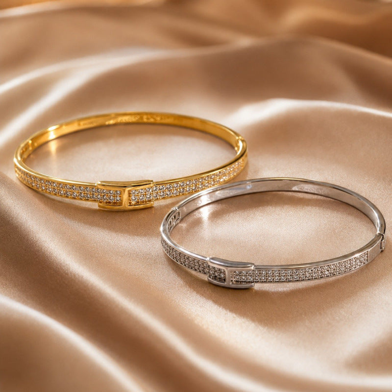 Simple Style Geometric Inlay Bangle In Electroplated Copper With Zircon Detailing