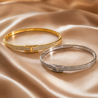 Simple Style Geometric Inlay Bangle In Electroplated Copper With Zircon Detailing