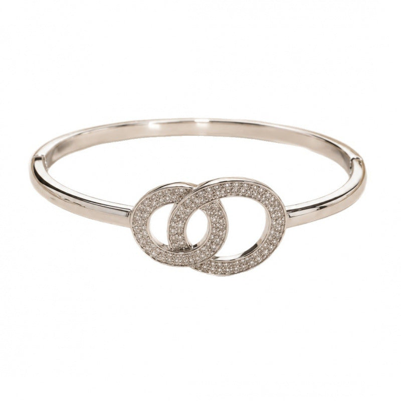 Double Ring Copper Bangle With Zircon Inlay, Electroplated Gold Plating, Elegant Gold Finish